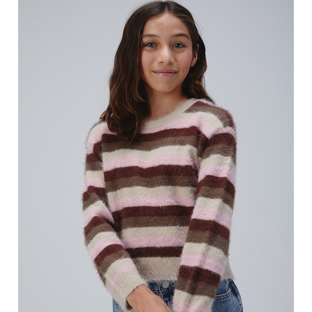 rsq Kids Girls Fuzzy Pullover Sweater Striped Brown Pink Beige - Size Small